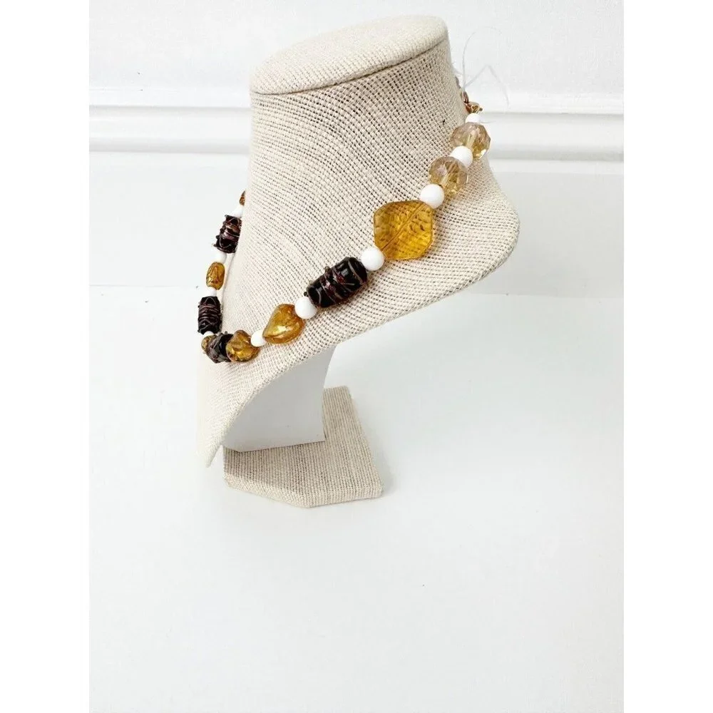 NWT Genuine Crystal & Glass Beaded Necklace Brown, Gold, White